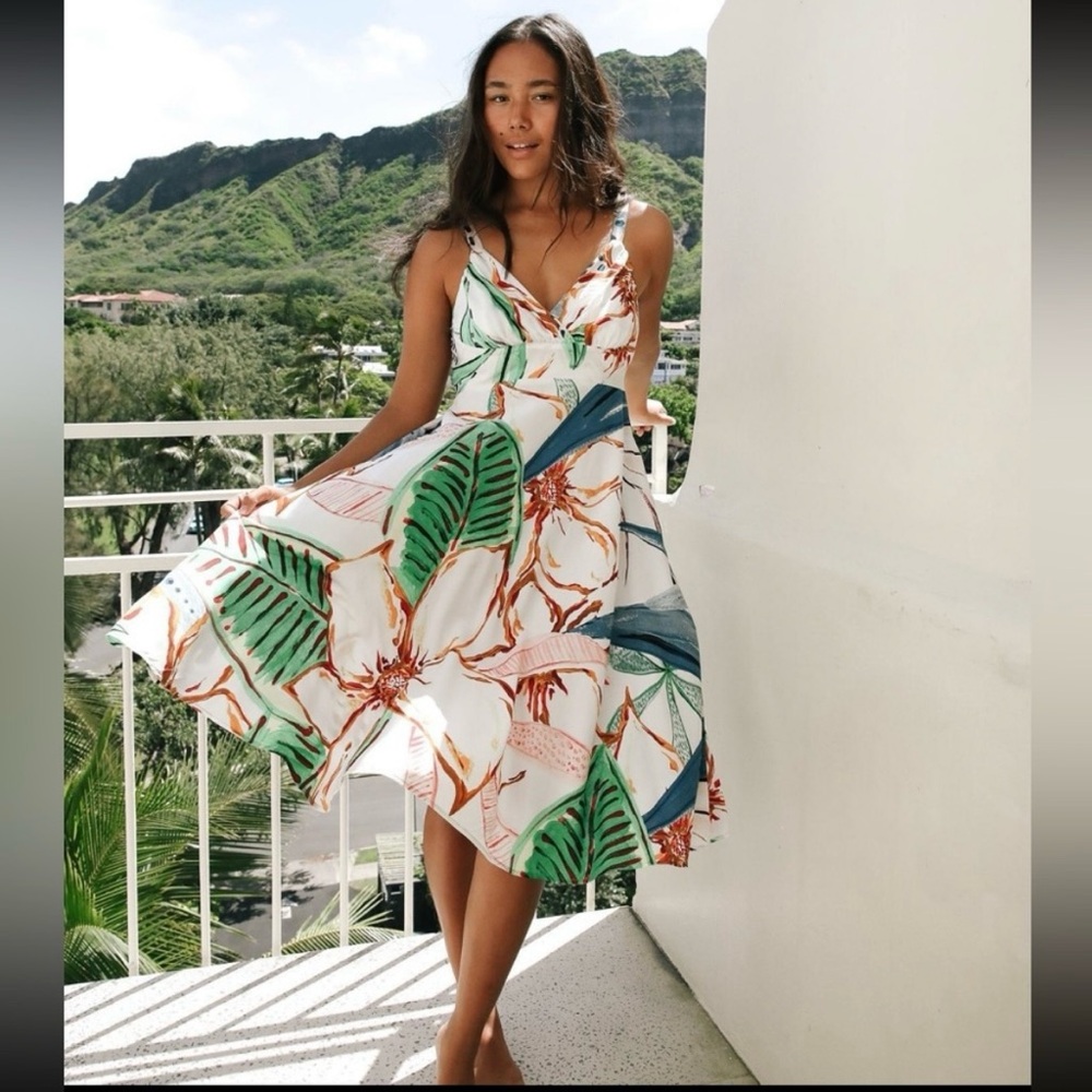 Jams World Ci Ci Cabarete Hawaiian Fit & Flare Dress Small White Green Tropical